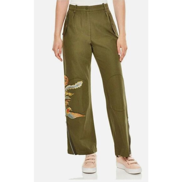 Sandro Glenwood Embroidered Wide-leg Pants in Olive Green Size 36 - Picture 15 of 15